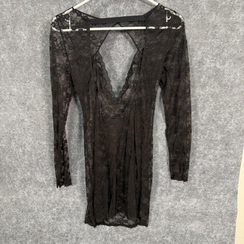 Victorias Secret Black Floral Lace Open Back Mini Dress Long Sleeve Goth